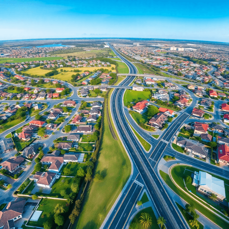 Aerial view of two suburban neighborhoods with modern houses, green parks, new roads, and public transport lines under a clear blue sky.