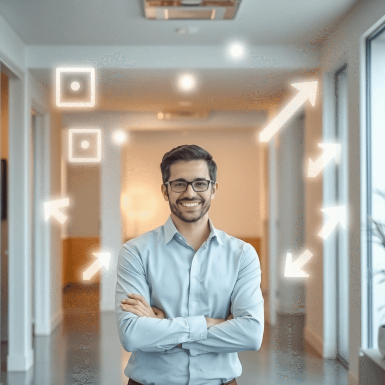 A bright modern office with a friendly real estate manager engaging a property owner, surrounded by glowing symbols of transparency and trust.
