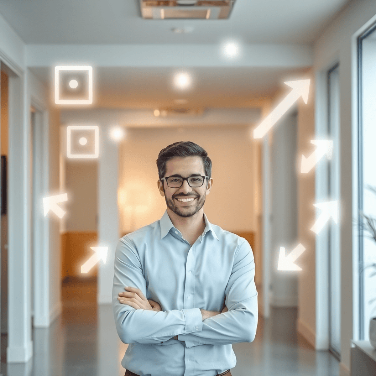 A bright modern office with a friendly real estate manager engaging a property owner, surrounded by glowing symbols of transparency and trust.