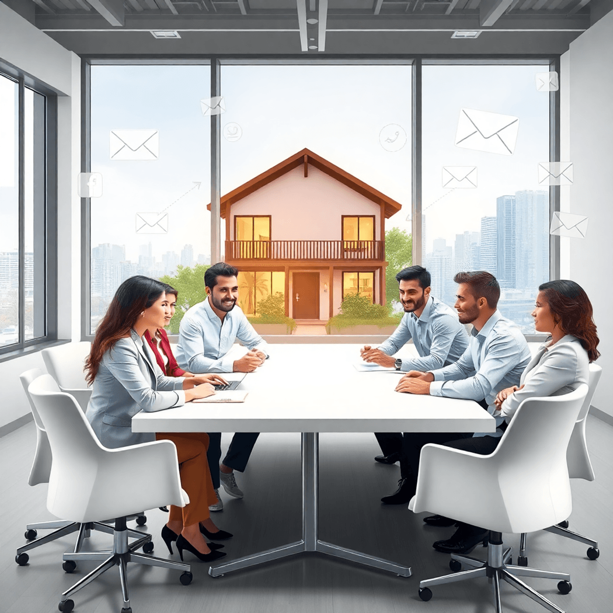 A bright, modern real estate office with agents discussing around a large table, digital marketing icons, an open house visible through a window, a...