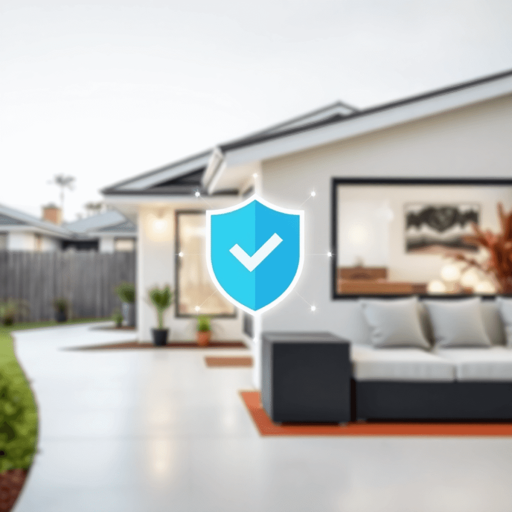 A bright modern suburban home with smart locks and thermostat, surrounded by glowing shield and checkmark symbols, evoking security and trust.