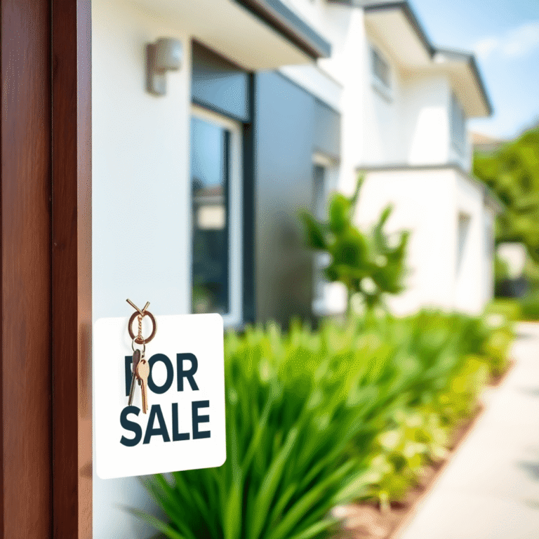 A bright modern suburban house with keys on the door handle, surrounded by greenery, symbolizing stable rental income and investment opportunity.