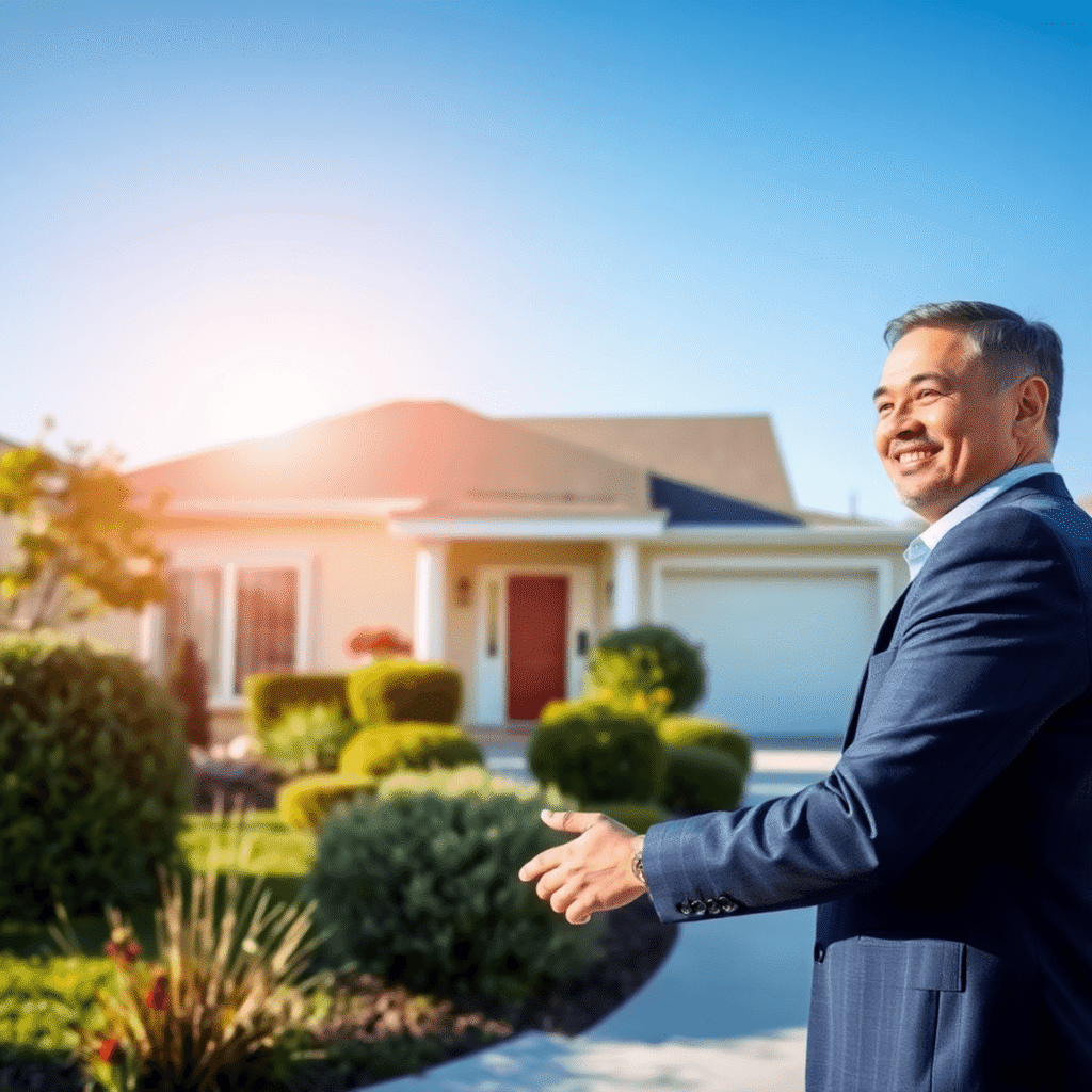 A bright suburban house with a lush garden, a property manager shaking hands with a landlord outside, symbolizing trust and professionalism.