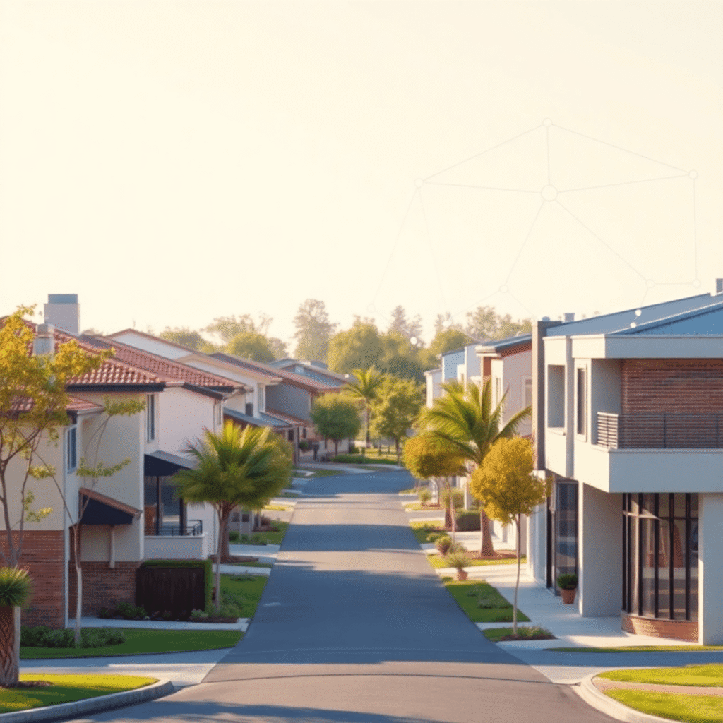 A bright suburban neighborhood with homes and shops, overlaid with glowing digital network lines symbolizing technology and communication.