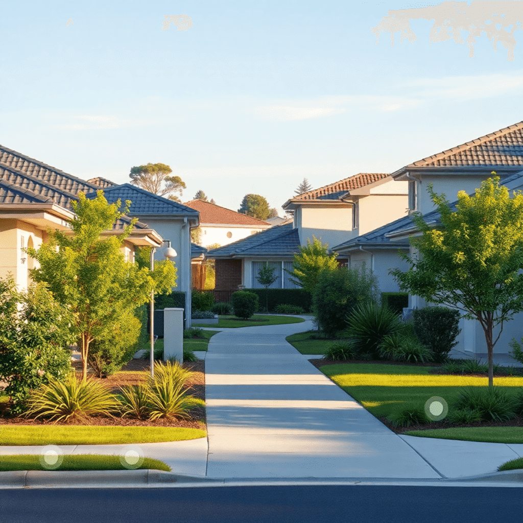 A bright suburban street in Perth with modern homes and neat gardens, overlaid with subtle glowing connection lines and digital icons symbolizing c...