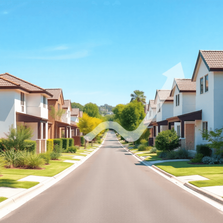 A bright suburban street with modern homes and gardens under a clear sky, featuring subtle abstract arrows and curves symbolizing fair rental growth.