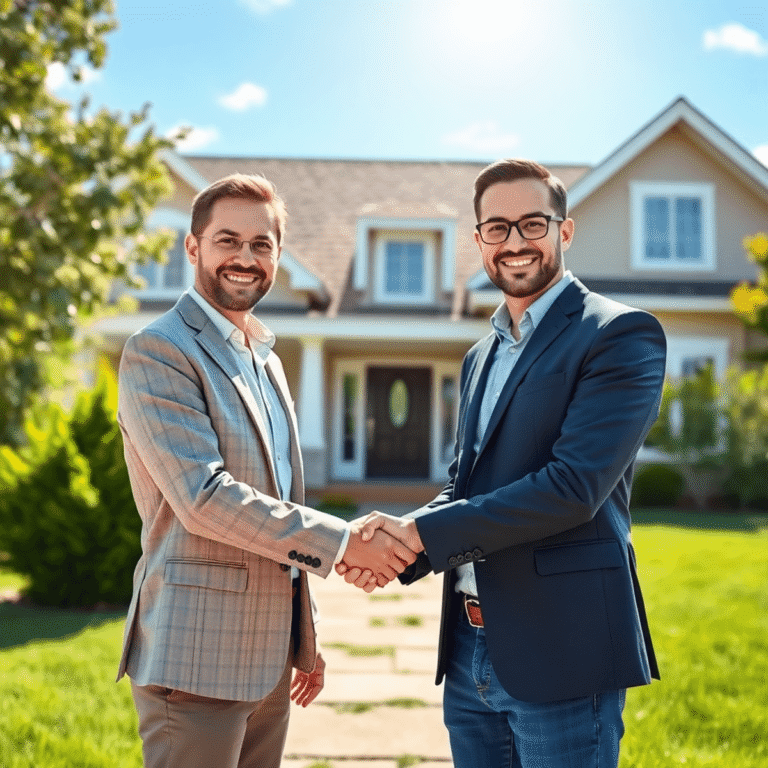 A confident real estate agent shaking hands with a happy home seller in front of a charming suburban house under a bright sunny sky with green trees.