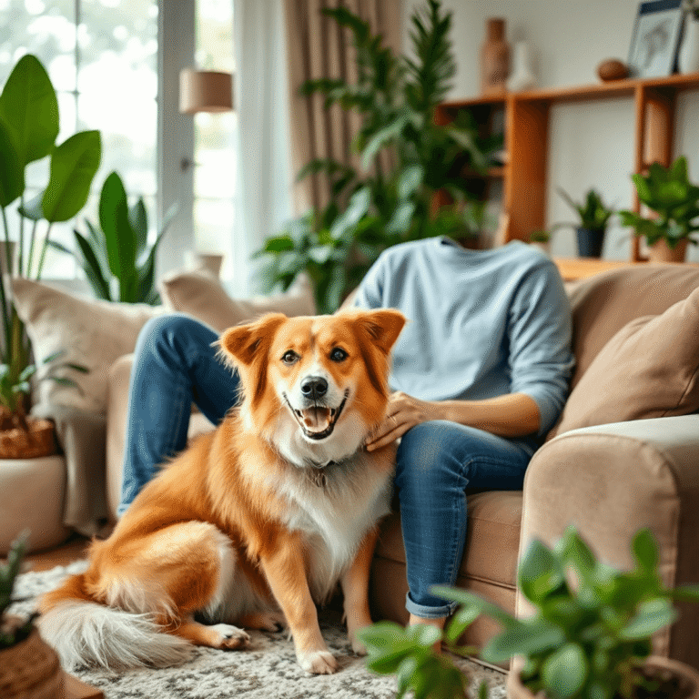 A cozy living room with a smiling tenant petting a calm dog, featuring a plush sofa and indoor plants, symbolizing harmony between pets and rental ...