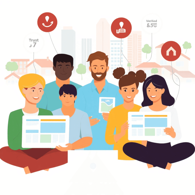 A diverse group browsing real estate listings on laptops and tablets with icons for trust and sales, set against a stylized Australian cityscape an...