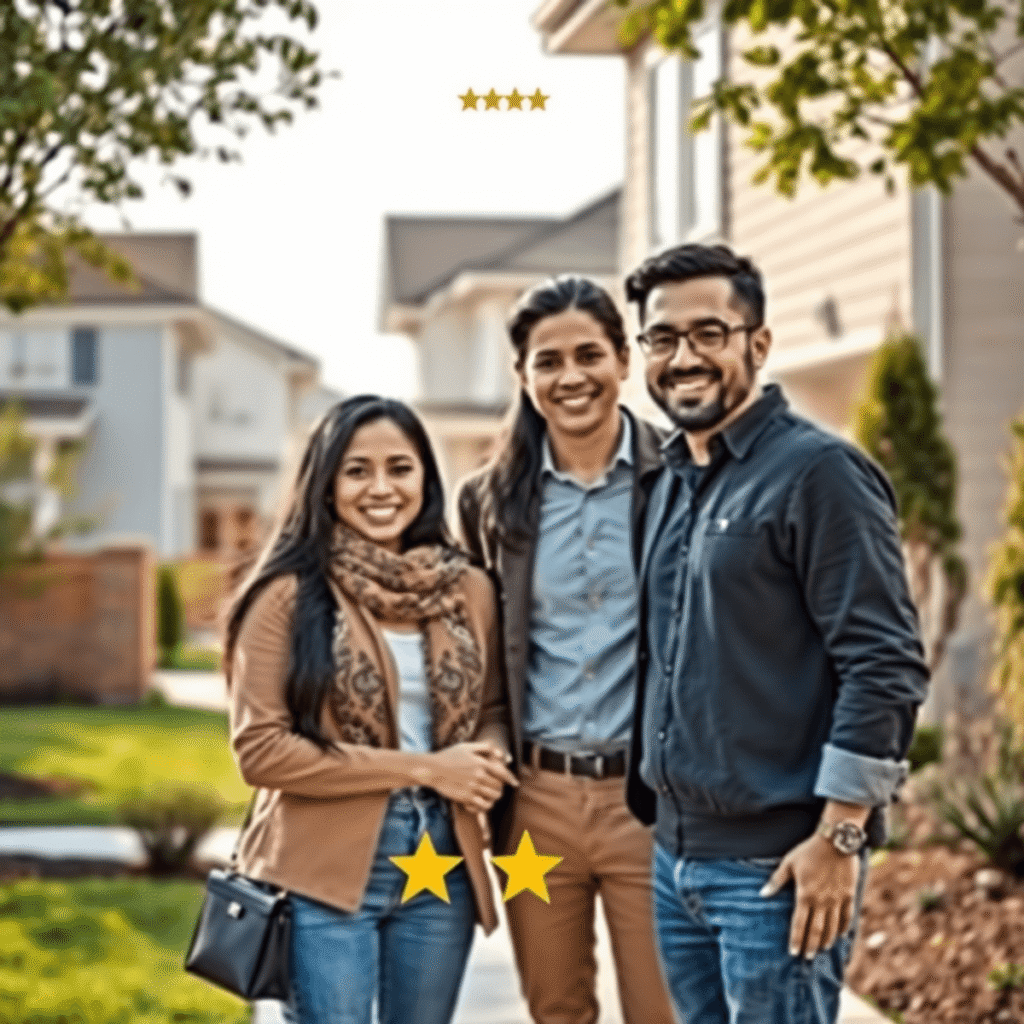 A friendly real estate agent warmly interacting with a couple in front of modern suburban homes, with soft lighting and floating icons of ratings a...