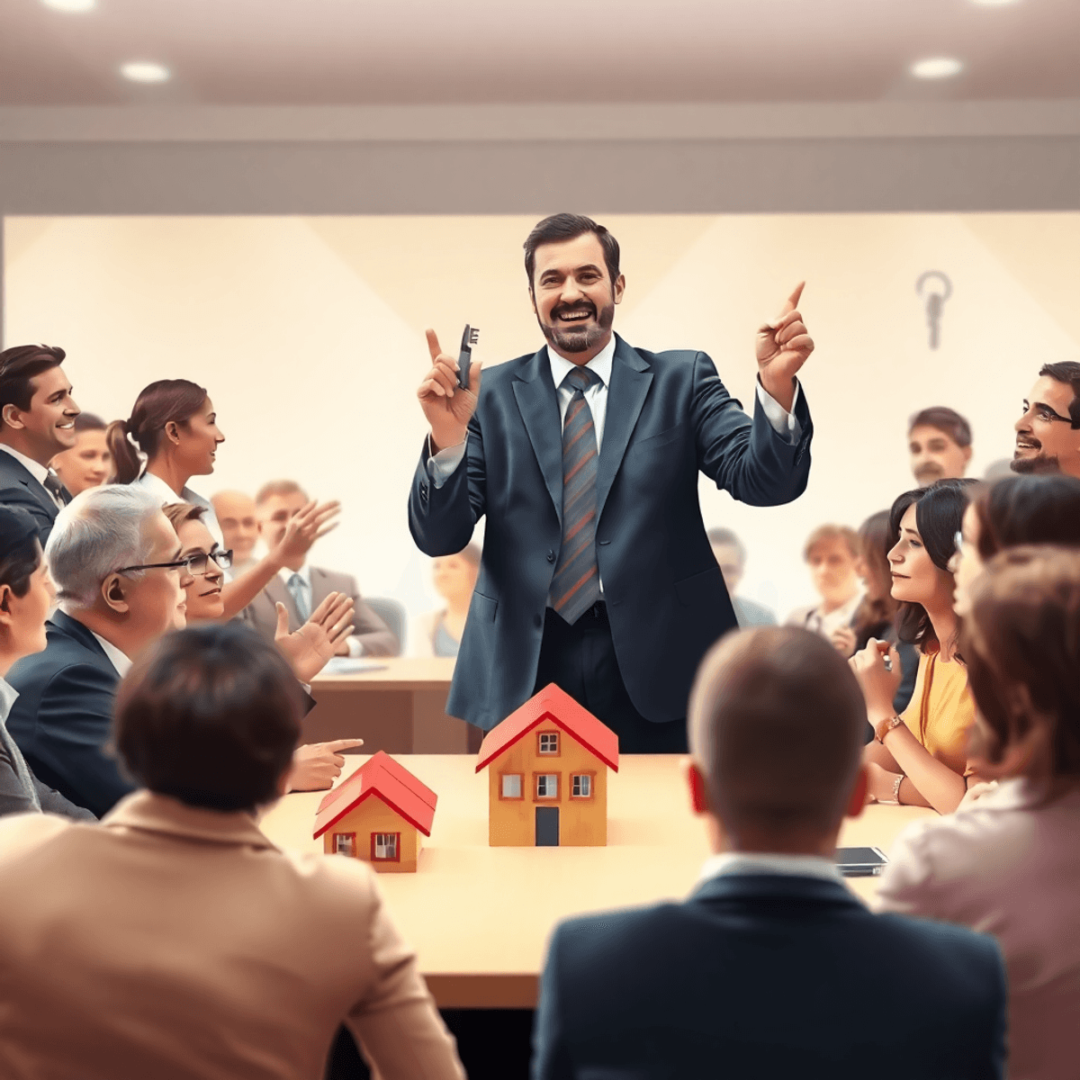 A lively real estate auction with an auctioneer, bidders, house models, and keys against a bright background symbolizing opportunity and trust.