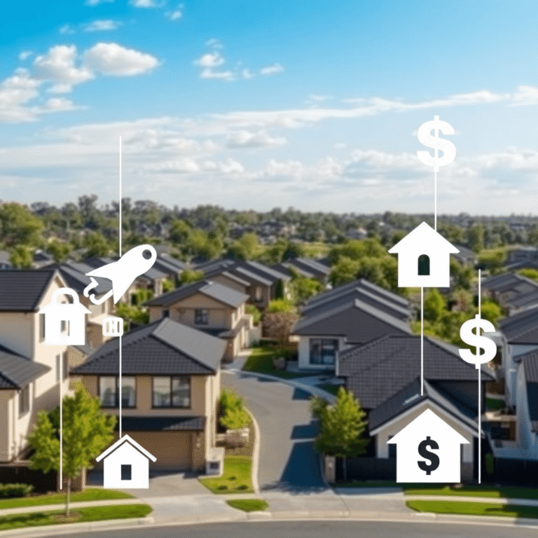 A modern Perth neighborhood with diverse homes under a bright sky, featuring subtle abstract icons of keys, houses, and dollar signs symbolizing pr...