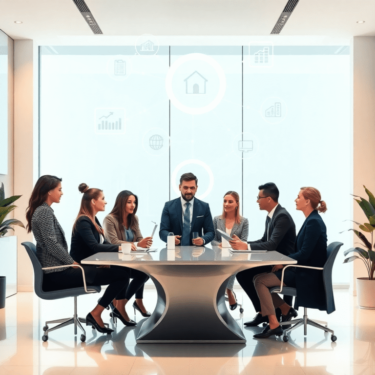 A modern office with professionals discussing around a sleek table, digital icons of technology and data floating in the bright background.