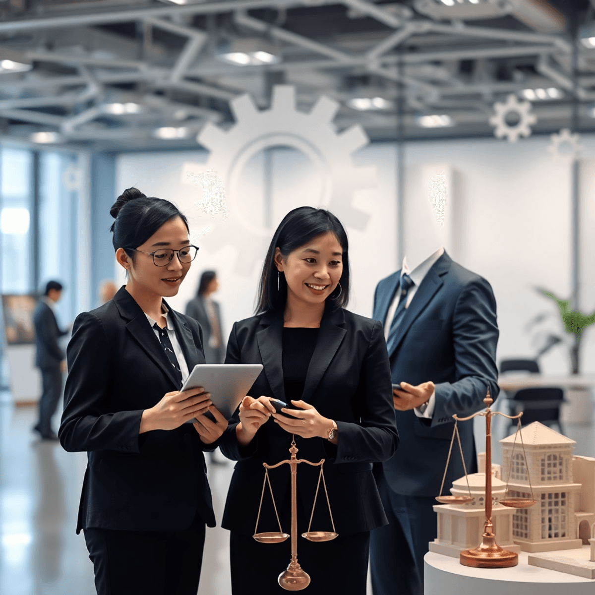 A modern real estate office with agents discussing around tablets and models, with subtle law and compliance symbols in the background.