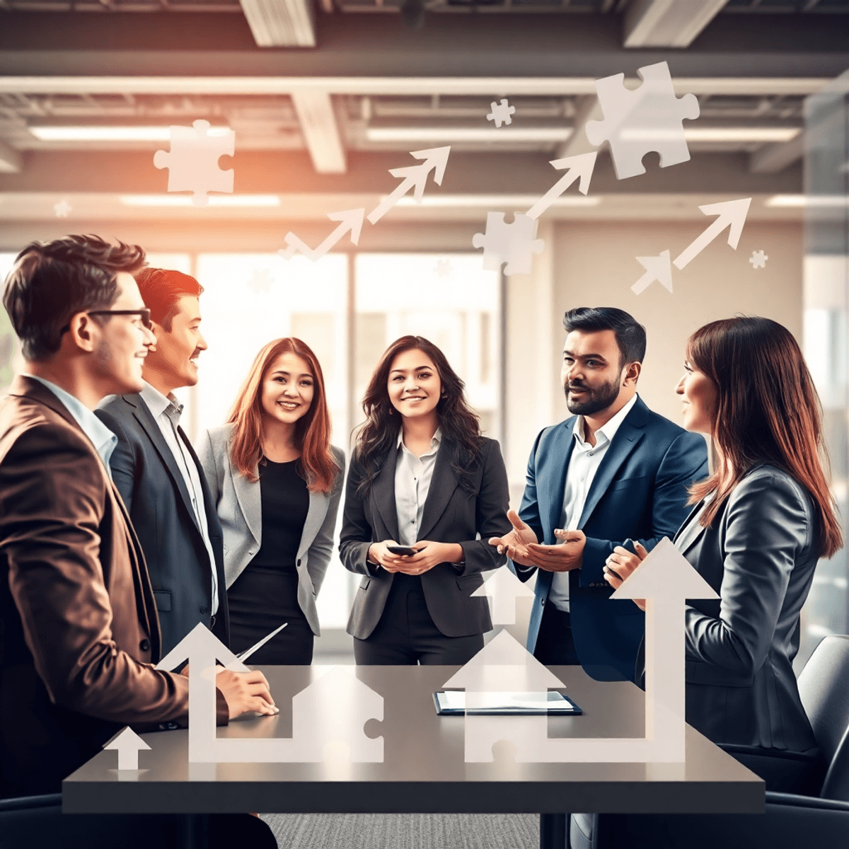 A modern real estate office with professionals discussing, surrounded by interconnected puzzle pieces and arrows symbolizing business growth and op...