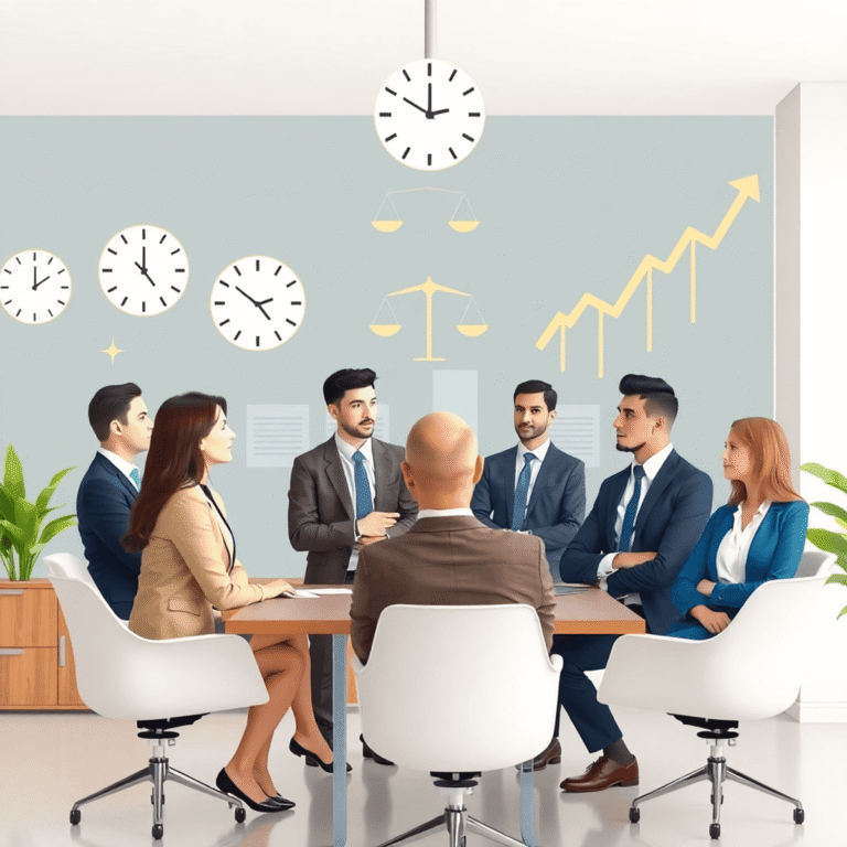 A modern real estate office with professionals discussing, surrounded by clocks, balanced scales, and growth arrows in a bright, realistic style.