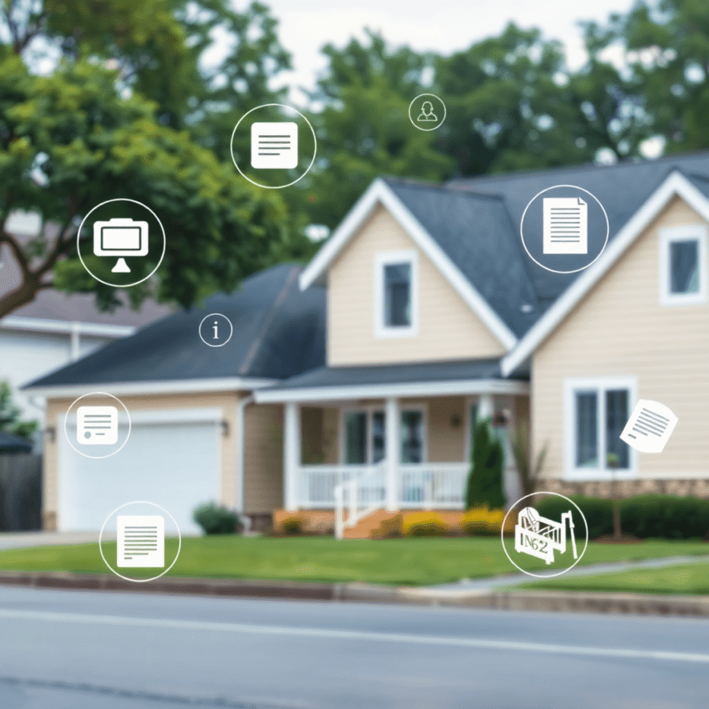 A modern suburban house surrounded by lush greenery with abstract icons of communication, technology, and legal documents floating around it.