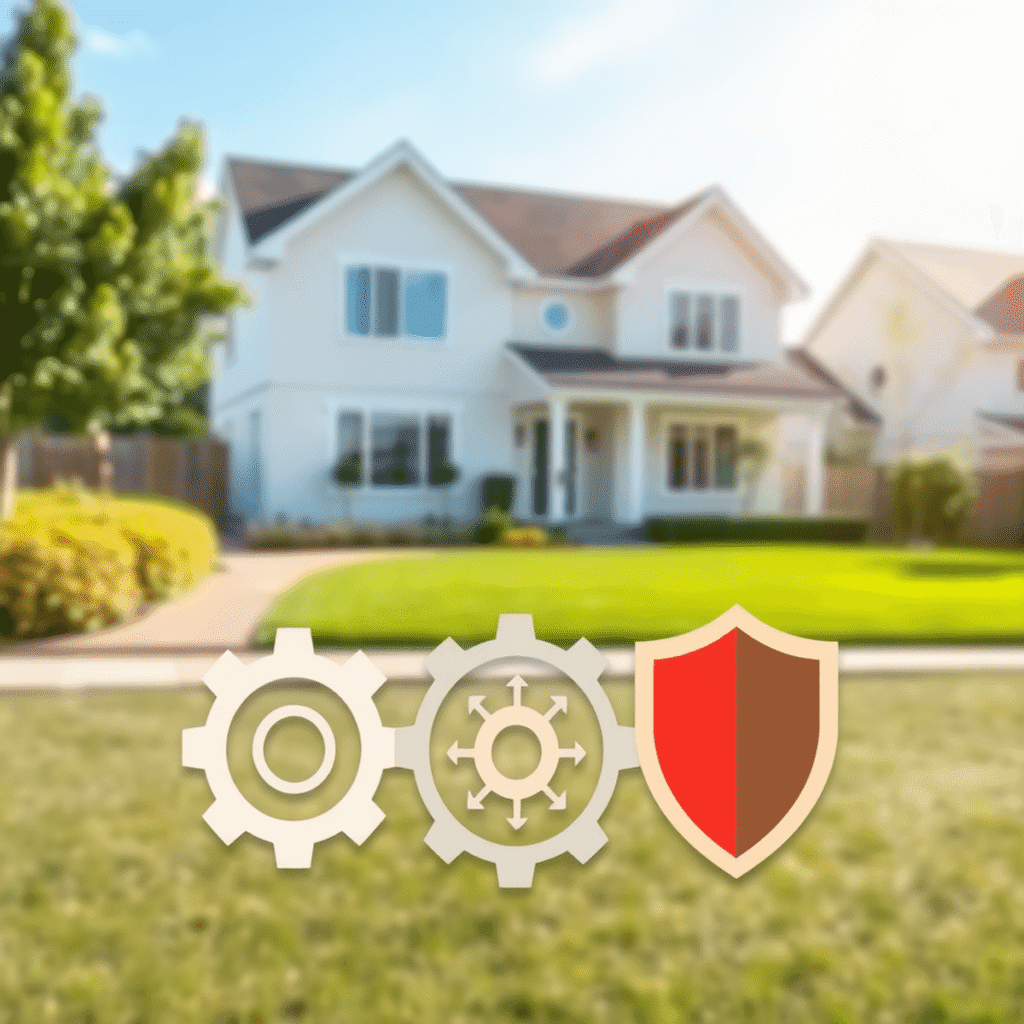 A modern suburban house with a vibrant garden under bright daylight, featuring abstract gears and a shield symbolizing secure, efficient property m...