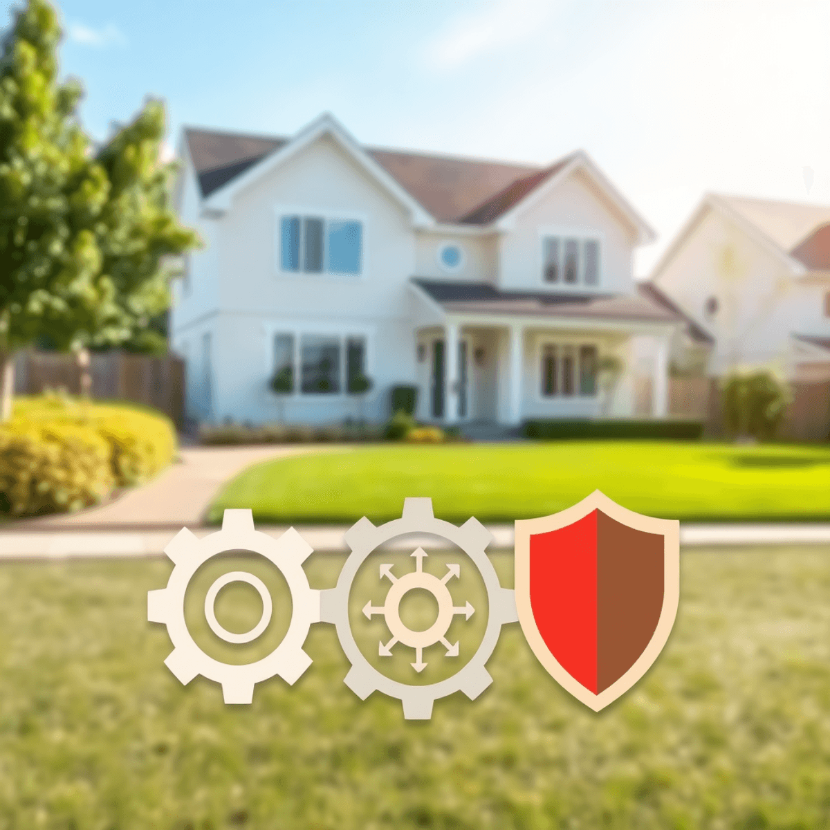 A modern suburban house with a vibrant garden under bright daylight, featuring abstract gears and a shield symbolizing secure, efficient property m...