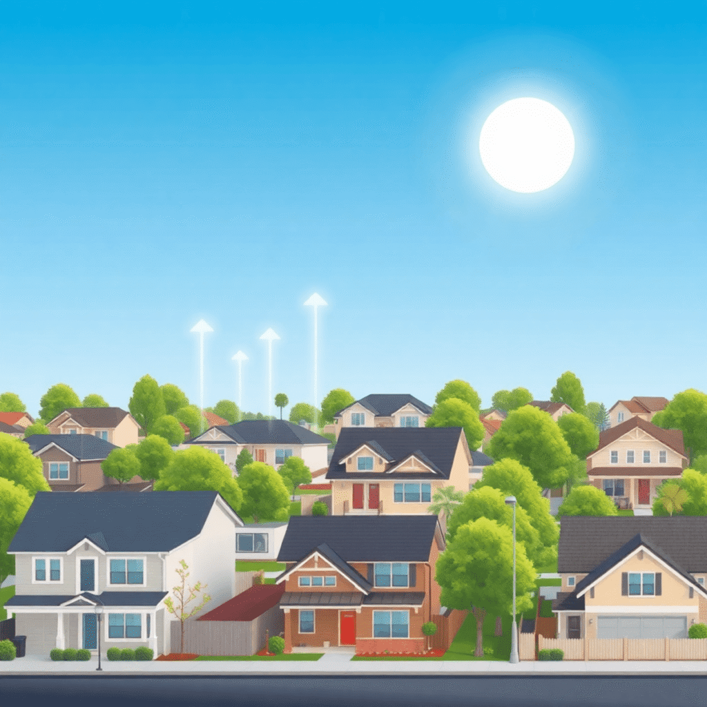 A modern suburban neighborhood with diverse homes under a bright sky, featuring glowing data points and upward arrows symbolizing rental growth and...