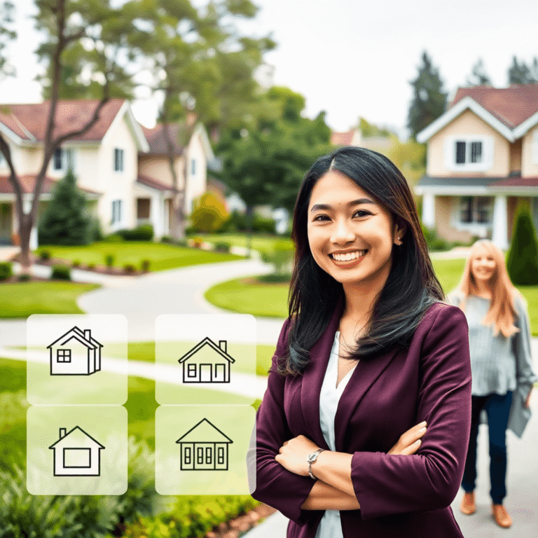 A modern suburban neighborhood with family homes and greenery, a confident professional woman engaging with homeowners, with subtle smart home tech...