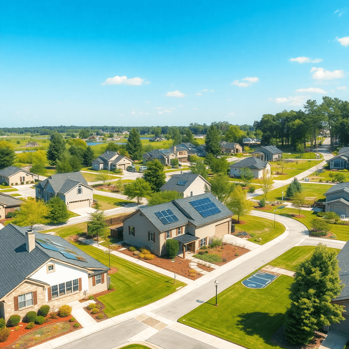 A modern suburban neighborhood with green lawns, solar panels, and smart home devices under a clear bright sky, creating a warm and inviting atmosp...