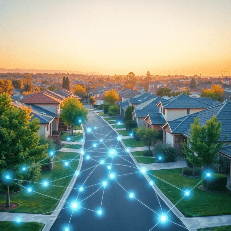A modern suburban neighborhood with neat houses and greenery under a clear sky, featuring glowing network lines connecting homes symbolizing smart ...