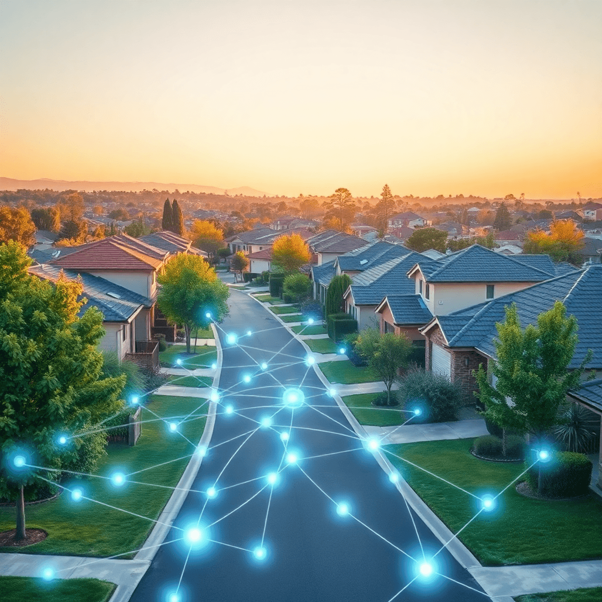 A modern suburban neighborhood with neat houses and greenery under a clear sky, featuring glowing network lines connecting homes symbolizing smart ...