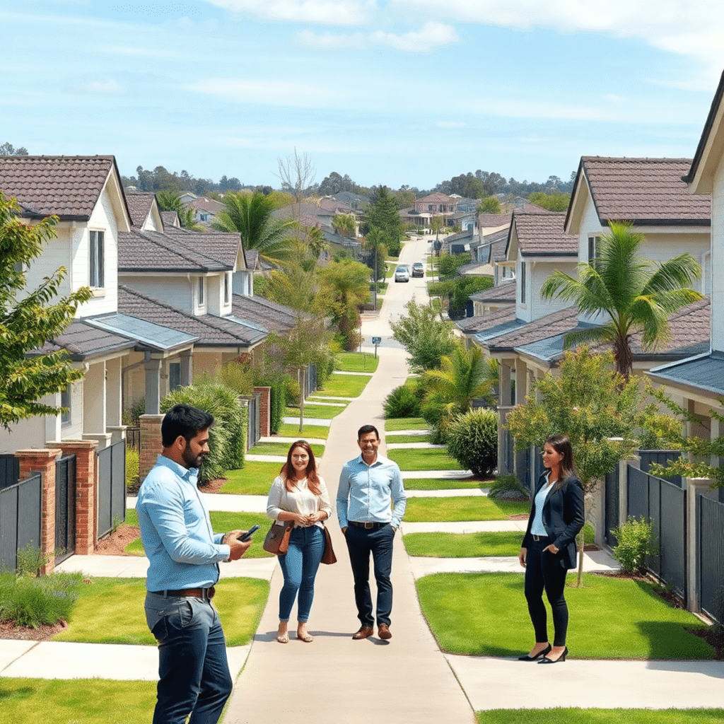 A modern suburban neighborhood with rental homes and diverse property managers engaging positively with landlords and tenants, symbolizing trust an...