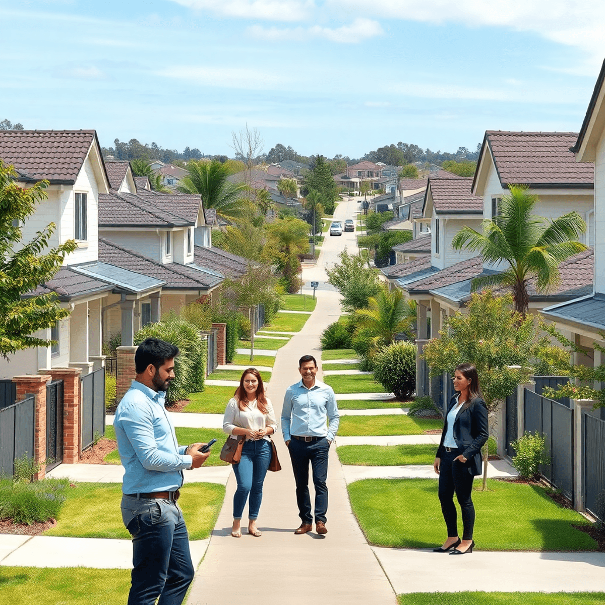 A modern suburban neighborhood with rental homes and diverse property managers engaging positively with landlords and tenants, symbolizing trust an...
