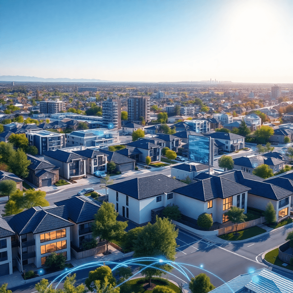 A modern suburban neighborhood with residential and commercial buildings, glowing digital data lines, and icons symbolizing smart technology under ...