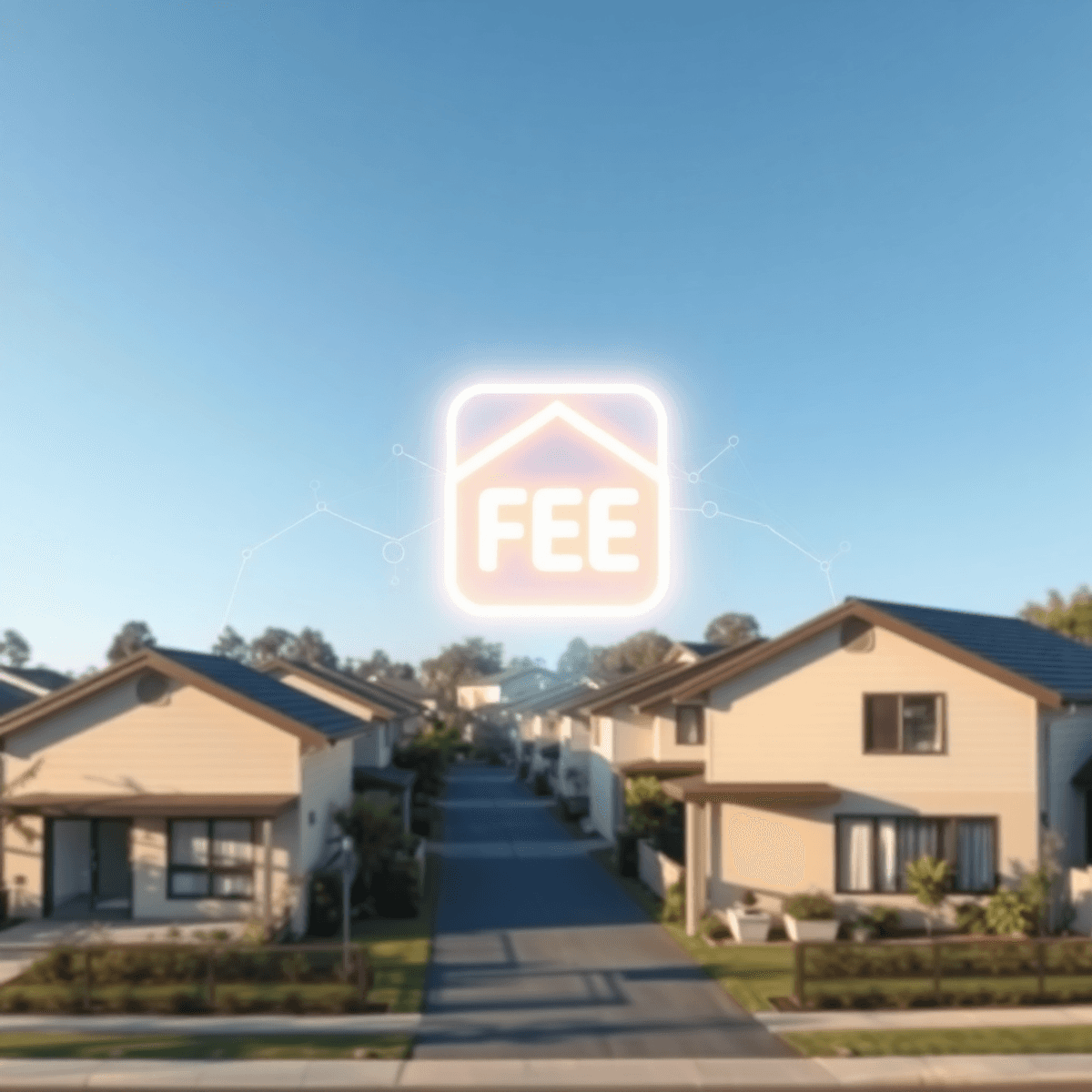 A modern suburban neighborhood with well-kept homes, glowing flat fee icon above houses, and digital data streams flowing around under a clear blue...