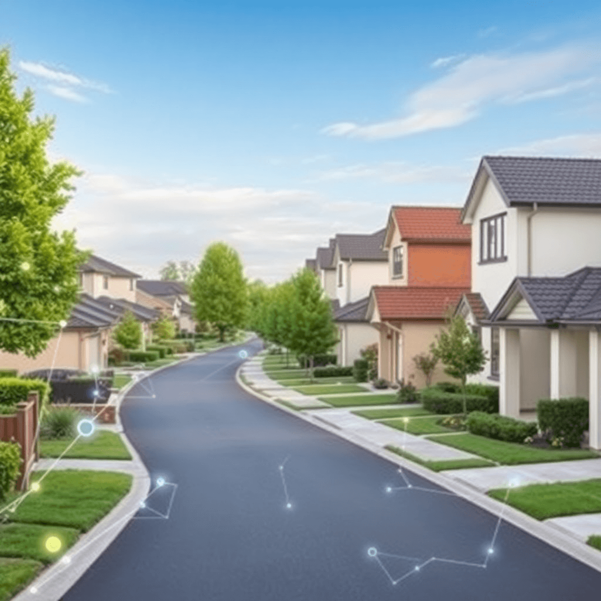 A modern suburban neighborhood with well-kept homes, lush greenery, clear skies, and subtle glowing digital lines symbolizing tech-driven real esta...
