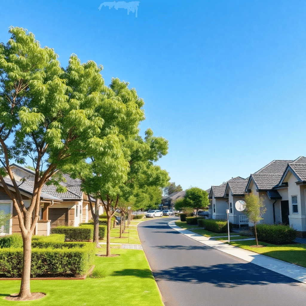 A modern suburban neighborhood with well-kept homes, lush greenery, and clear blue skies, showcasing a thriving community and professional property...