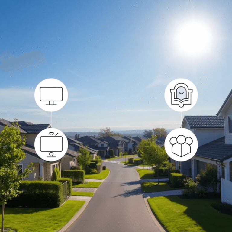 A modern suburban neighborhood with well-kept homes and greenery under a bright sky, featuring subtle abstract icons symbolizing communication, tec...
