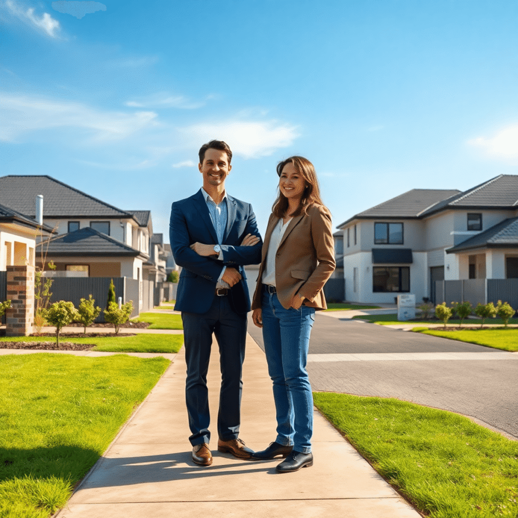 A modern suburban neighborhood with well-kept houses and green lawns, showing a property manager and landlord happily discussing outside a stylish ...