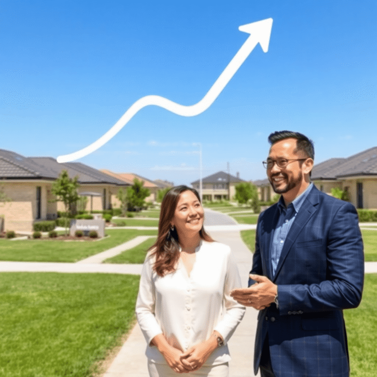 A modern suburban neighborhood with well-kept houses and green lawns under blue sky, showing abstract upward arrows and a real estate agent consult...