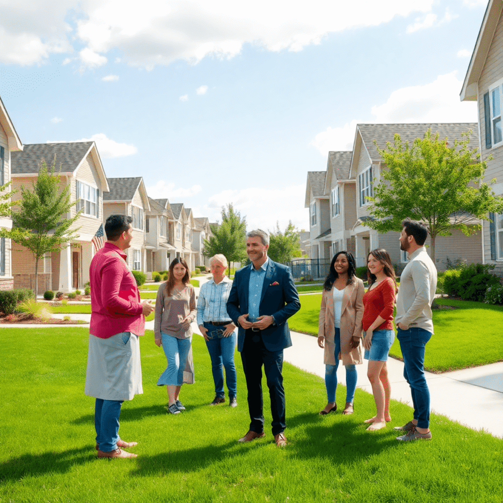 A modern suburban neighborhood with well-kept houses, green lawns, and a property manager interacting positively with diverse tenants under a clear...