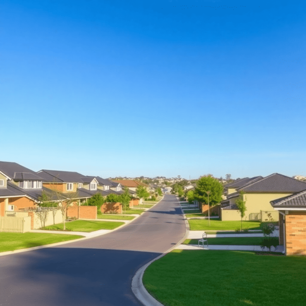 A modern suburban neighborhood with well-kept houses, green lawns, and clear blue skies, showcasing a thriving rental community.