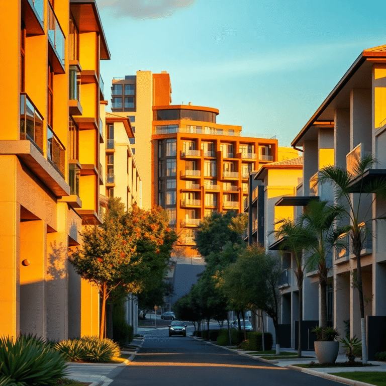 A modern suburban street in Perth with stylish buildings and digital overlays representing smart technology, bathed in warm natural light, no peopl...