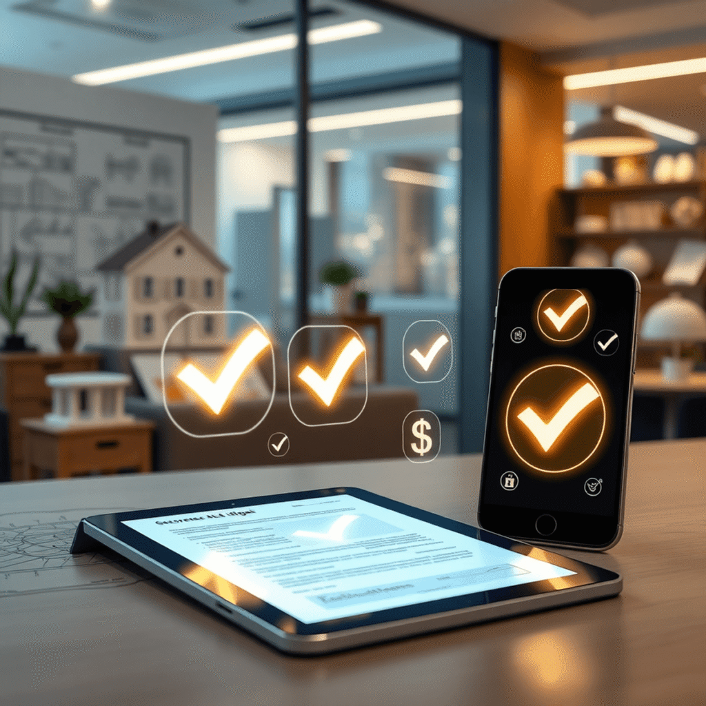 A modern workspace with a tablet and smartphone showing glowing checkmarks and signatures, set in a real estate office with blueprints and property...