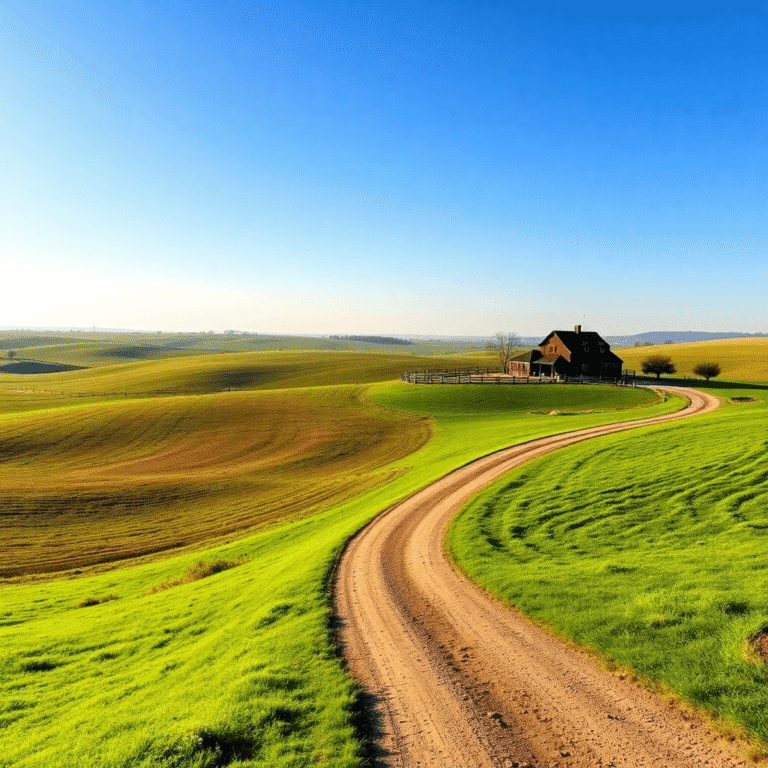 A peaceful rural scene with green fields, a rustic farmhouse, and a winding dirt road under a bright sky.