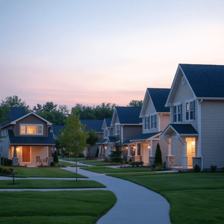 A peaceful suburban neighborhood at dusk with modern homes, well-kept lawns, warm lighting, and abstract calm shapes symbolizing quietness and harm...