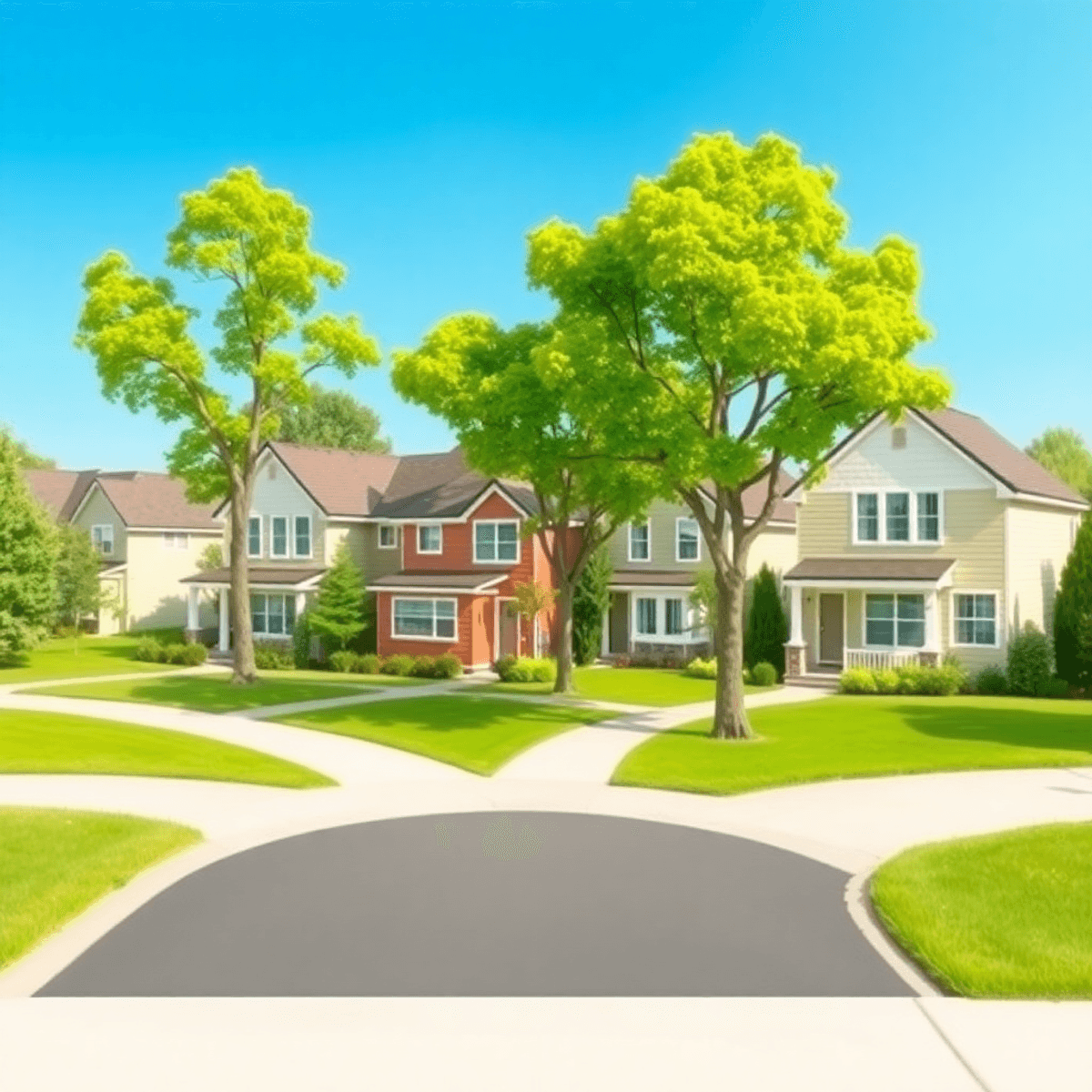 A peaceful suburban neighborhood with neat homes, lush trees, open pathways, and a clear blue sky, conveying a welcoming and thriving community.