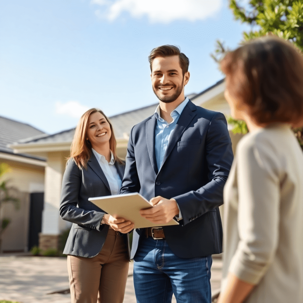 A professional property manager stands outside a suburban house in bright daylight, holding a clipboard and engaging with a happy homeowner.