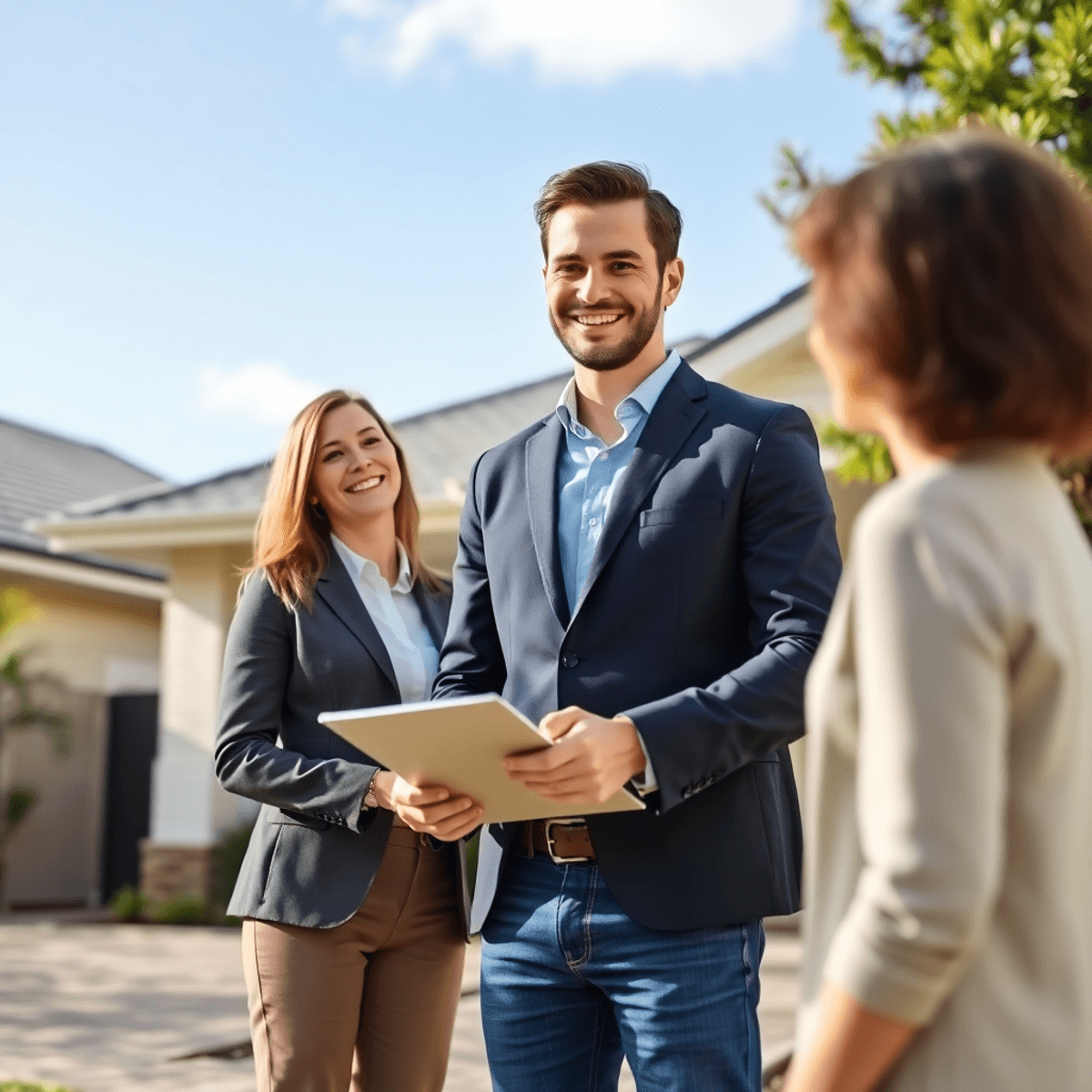 A professional property manager stands outside a suburban house in bright daylight, holding a clipboard and engaging with a happy homeowner.