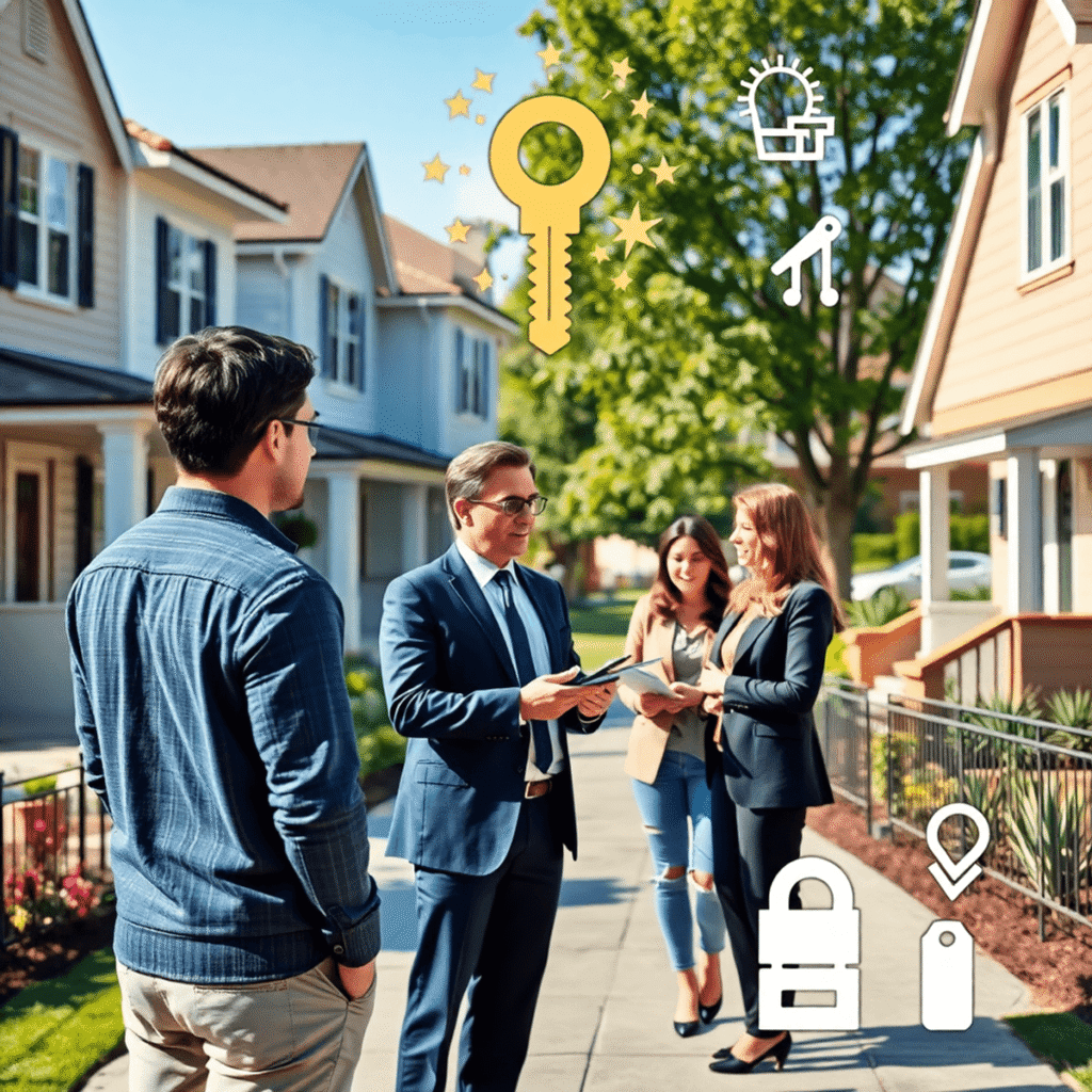 A professional real estate agent consulting with investors outdoors near well-kept homes, with keys and icons symbolizing property management in a ...