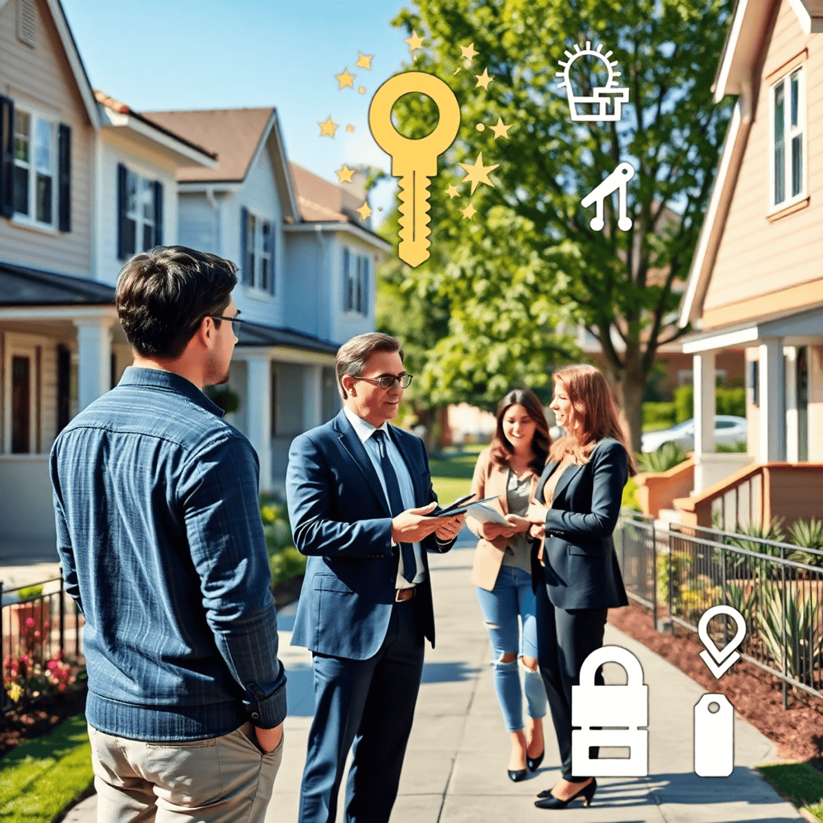 A professional real estate agent consulting with investors outdoors near well-kept homes, with keys and icons symbolizing property management in a ...