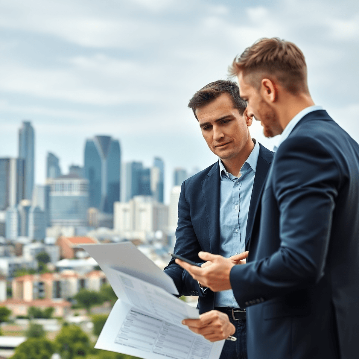 A real estate agent consulting a client with Melbourne city skyline and modern residential buildings in the background.