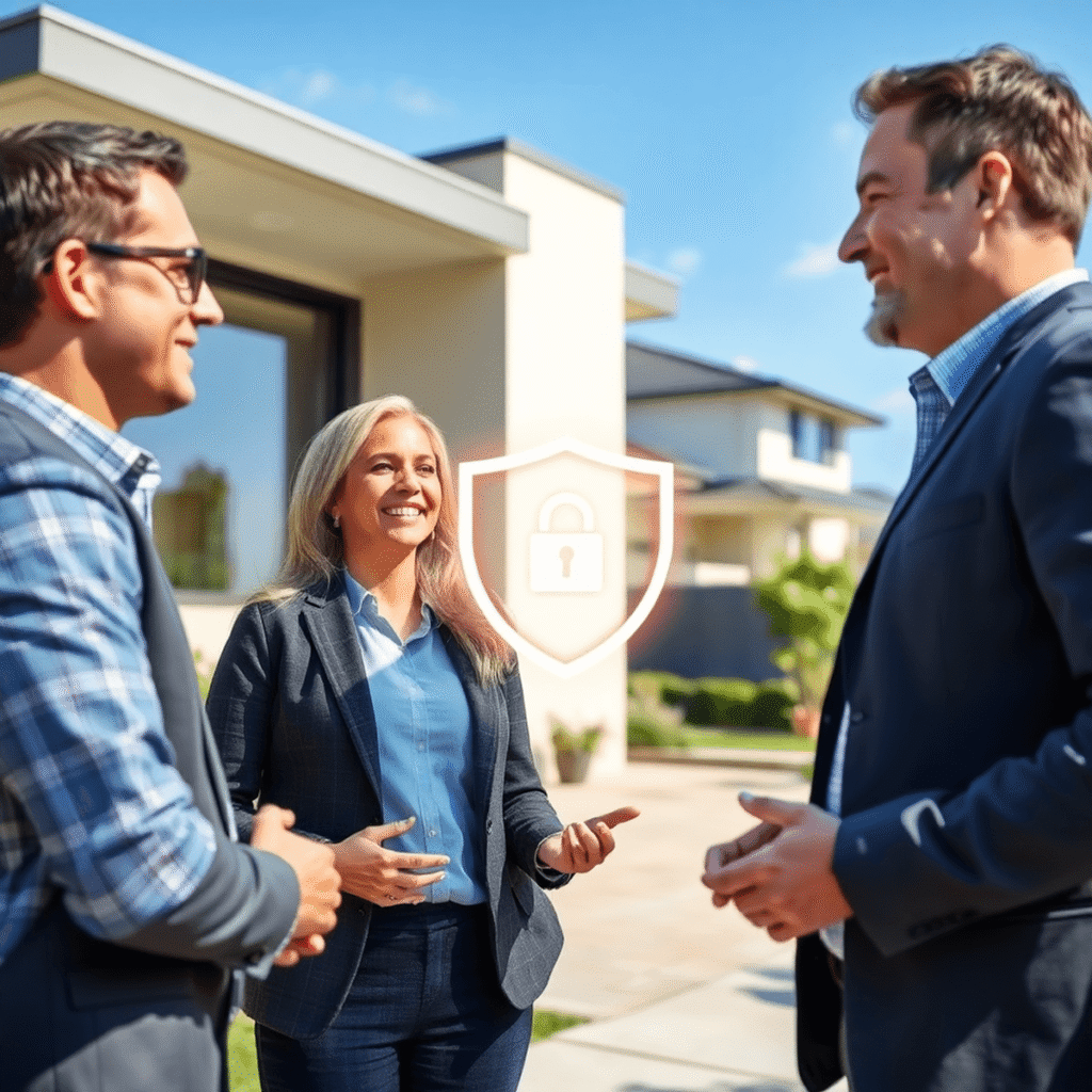 A real estate agent talking with a prospective tenant outside a modern home, with glowing shield and checkmark icons in the background under clear ...